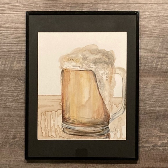 Framed original art mug of beer painted WITH beer and ink in 12x16” frame - Picture 8 of 8